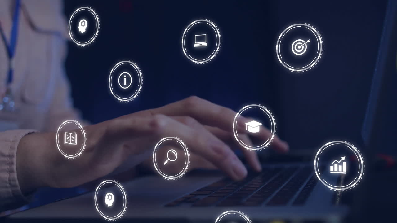 Animation of network of connections with icons over caucasian businessman using laptop