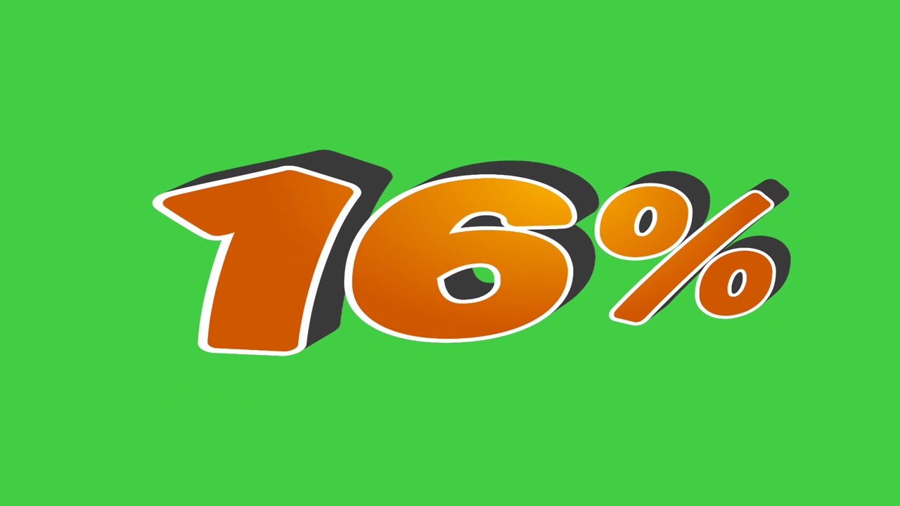 Animazione in stile cartone animato del simbolo percentuale 16%, colore arancione su schermo verde, grafica in movimento per video aziendale con concetto di sconto