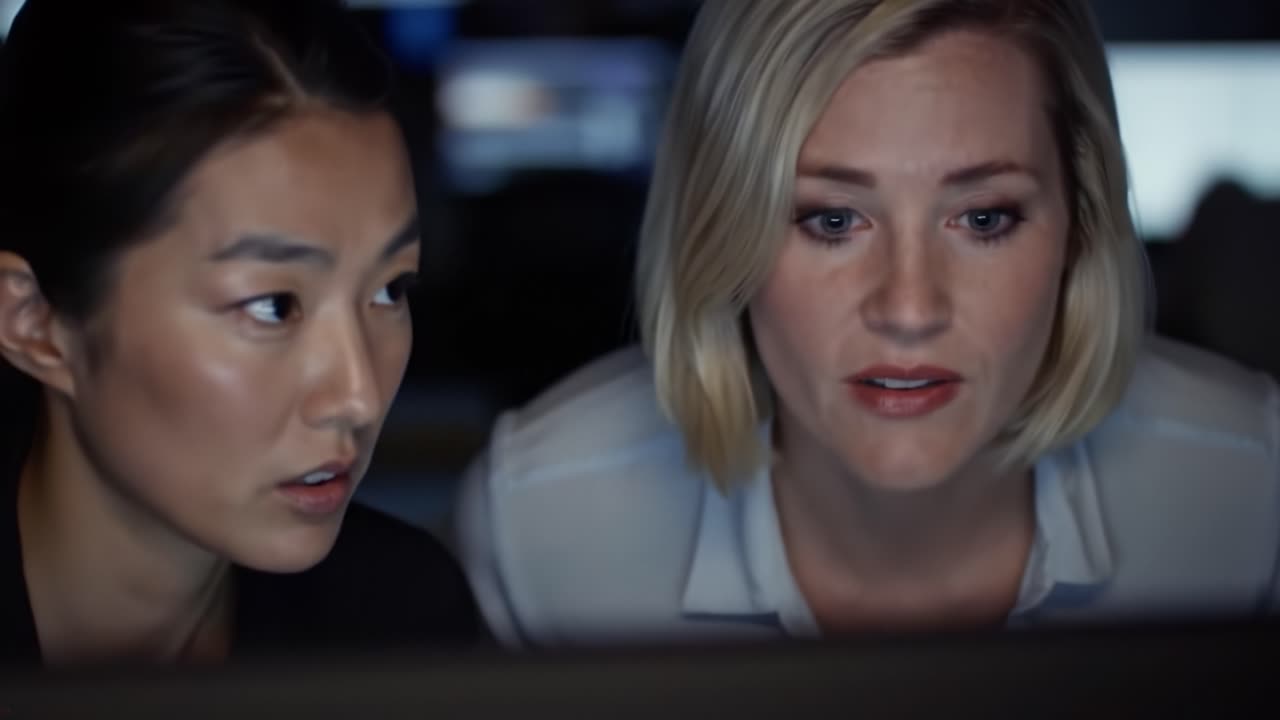In a dim control room, two women intently examine a computer screen filled with data. Their serious expressions highlight the importance of their task as they collaborate closely.