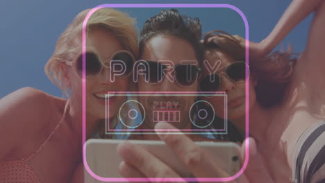 party text animation over friends taking selfie outdoors