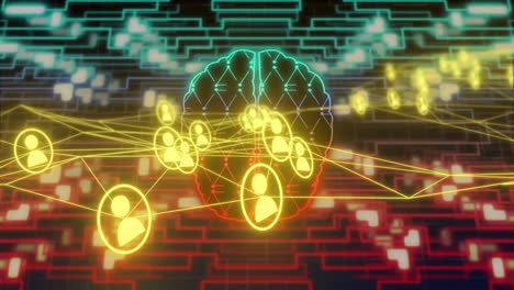 animación de redes neuronales y conexiones de datos sobre ilustración digital del cerebro