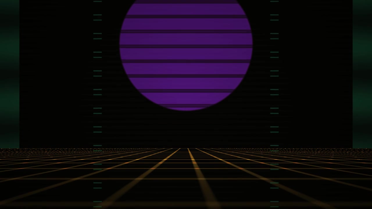 Griglia retro-futuristica con pianeta viola pulsante