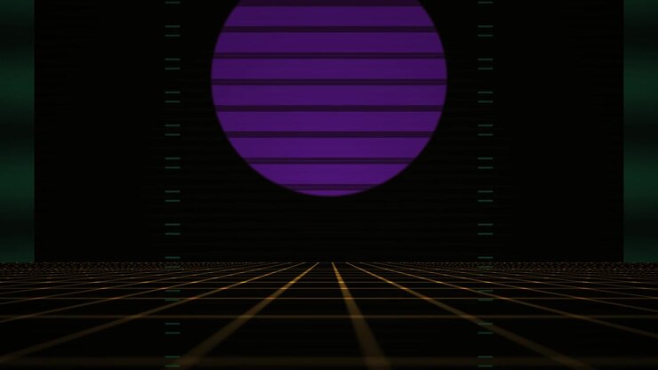 Retro Futuristic Grid with Pulsating Purple Planet