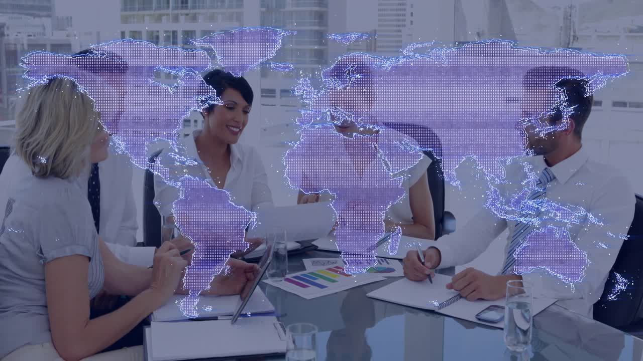 Team lead reading docs sparking business team noting while map overlay shifting showing charts