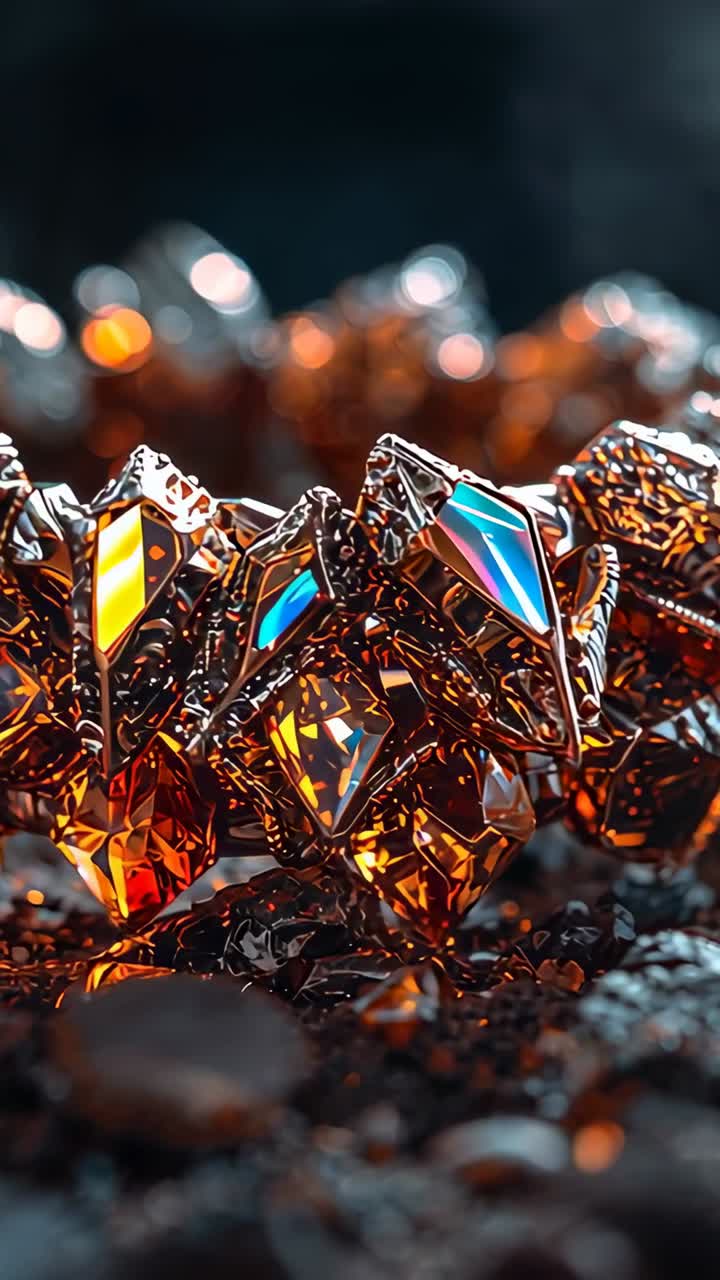 Vertical video: Moving lens showing gem cluster catching warm and cool light on pebbles in studio