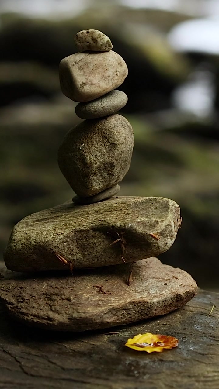 Una composizione verticale con una pila di pietre di fiume in equilibrio e un singolo fiore giallo.