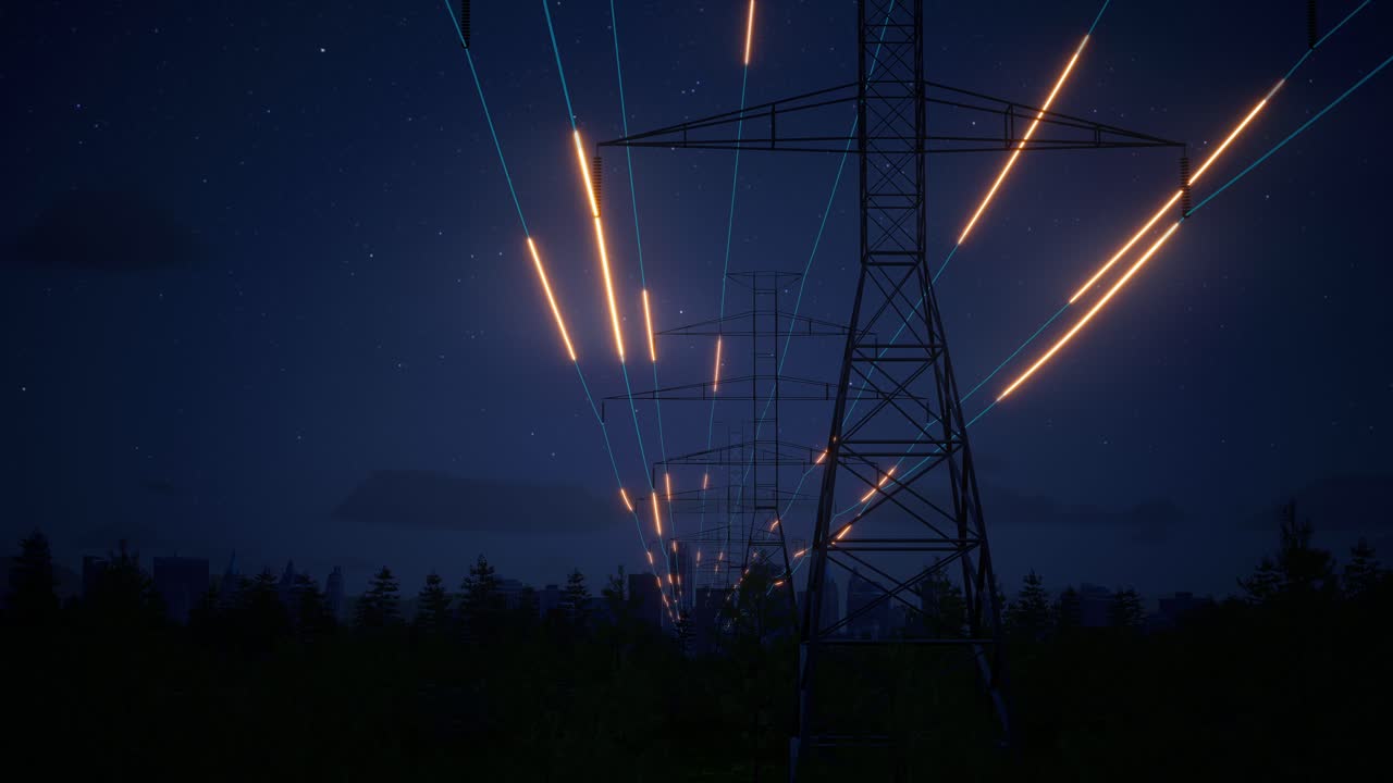 High Voltage Tower With Power Lines Glowing With Energy Trails At Night