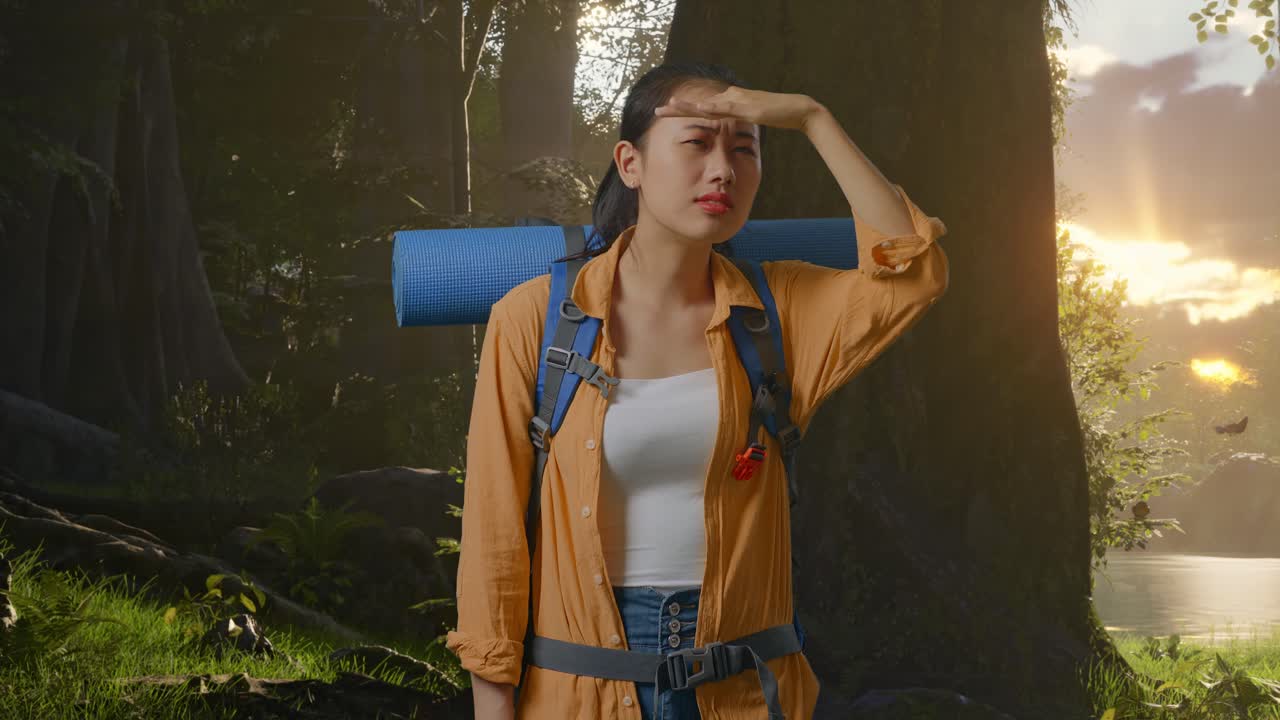 Asian Female Hiker With Mountaineering Backpack Hand Forehead Smiling And Looking Distance While Exploring Forest Nature
