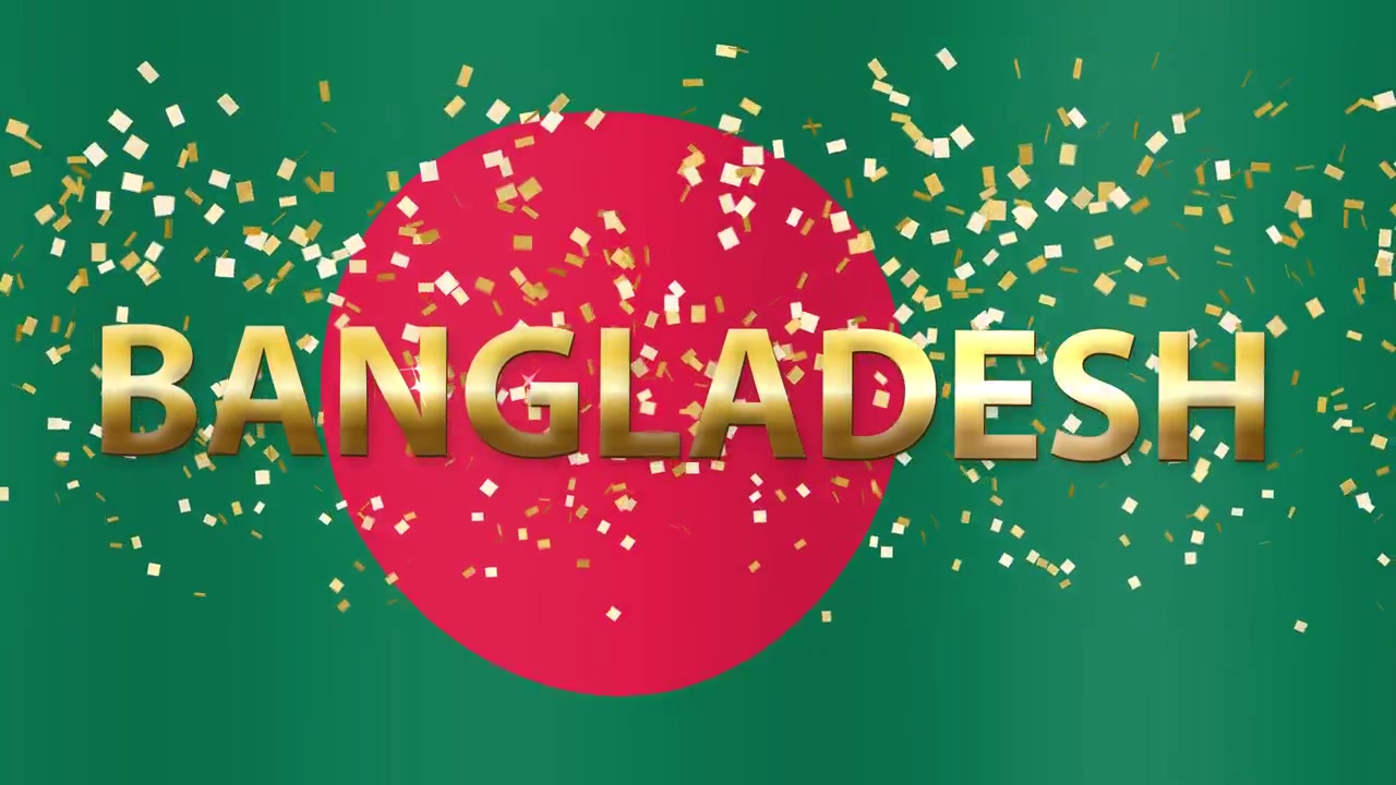 Gyldent konfetti faldende over Bangladesh' flag med tekstoverlejring
