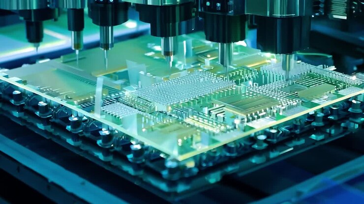 Close-up of a circuit board being assembled by a machine