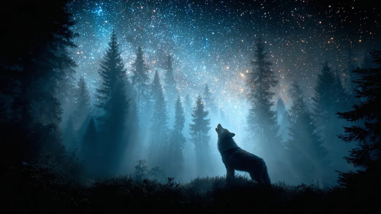 A Majestic Wolf Howls Under a Starry Night Sky, Surrounded by Whispering Pines and a Mystical Atmosphere, Capturing Nature's Beauty and Wild Spirit