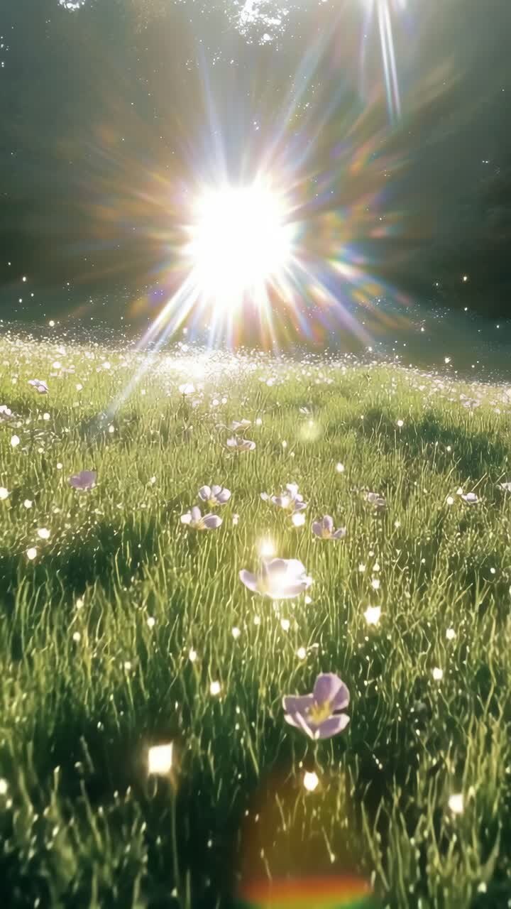 A low-angle video shot captures sunlight bursting through trees, illuminating a field of pink