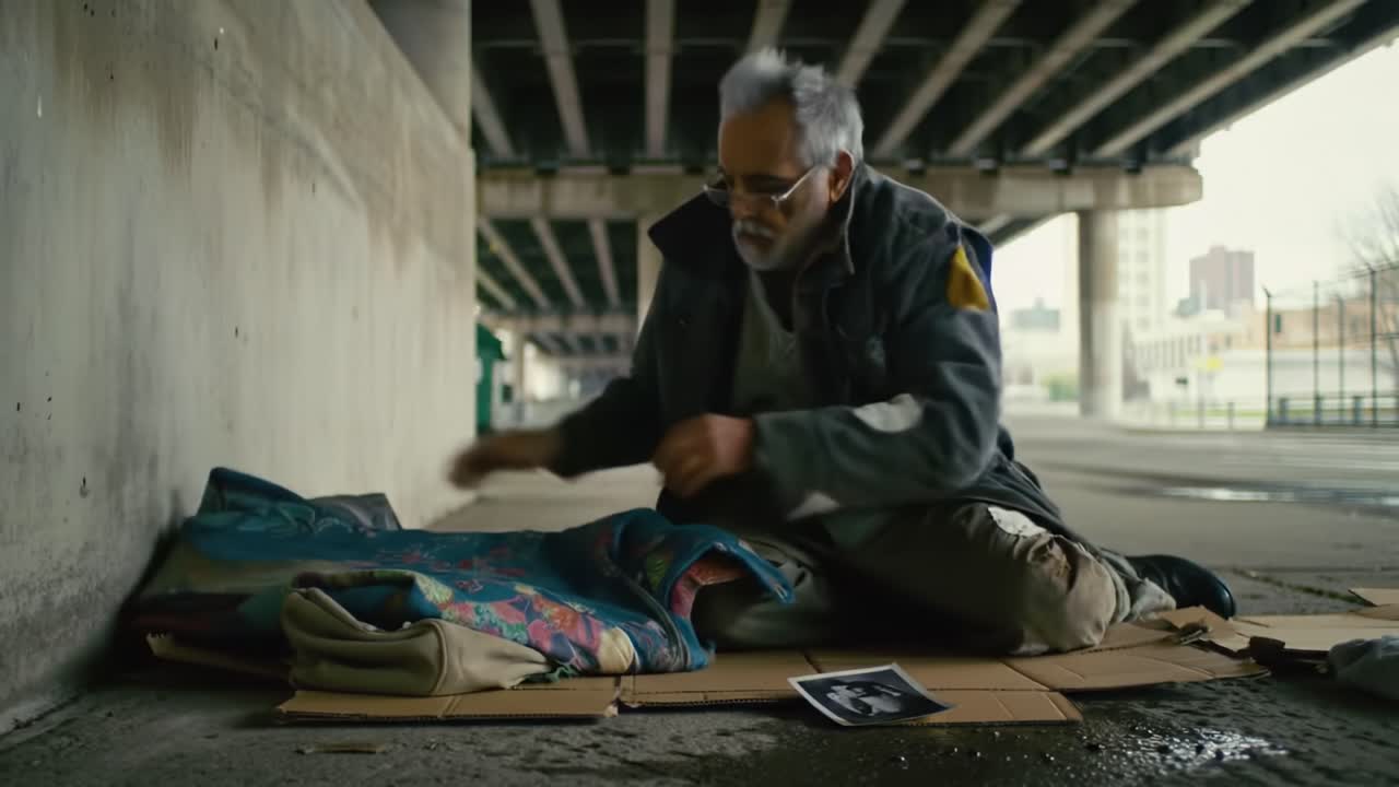 A man organizes his items on a cardboard surface beneath a bridge, showcasing his daily routine and the challenges faced by those experiencing homelessness in an urban environment.