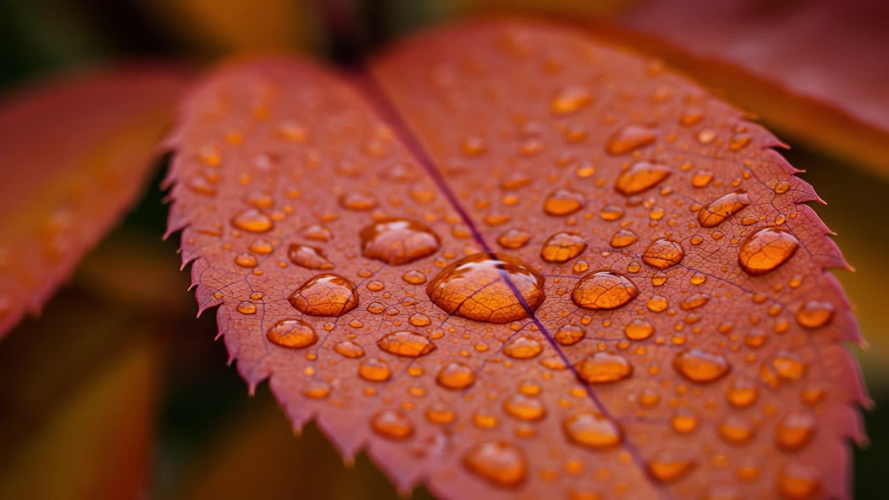 Close-up of a vibrant orange leaf with water droplets