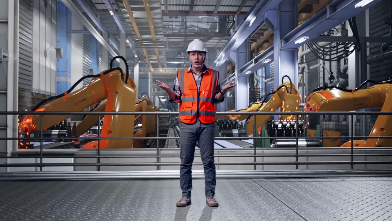 Full Body Of Wondering Asian Male Engineer With Safety Helmet Saying Why Working Doubtfully With Industrial Robotic Arms Working