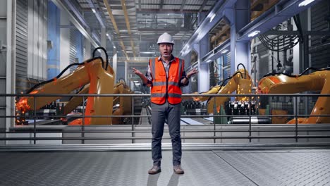 full body of wondering asian male engineer with safety helmet saying why working doubtfully with industrial robotic arms working