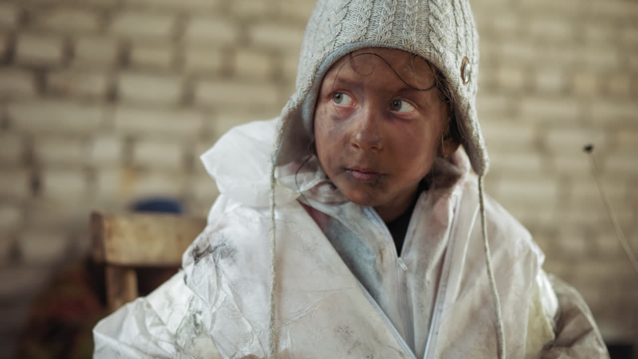 Close up of dirty child in gray knitted hat and white hooded suit sitting indoors with tired expression, smudged face suggesting labor or play, surrounded by soft light