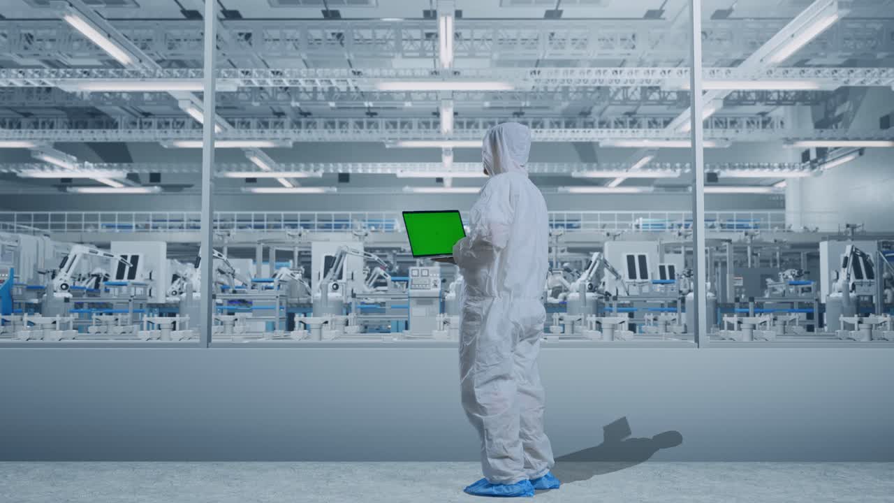 自動化された製造施設でラップトップを使用する工場労働者