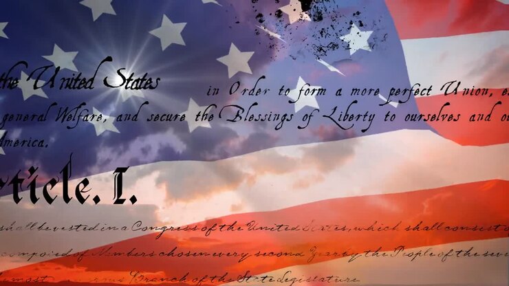 Written constitution of the United States and flag