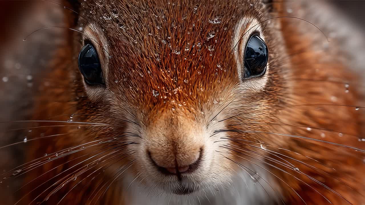 A Close-Up Portrait of a Squirrel Capturing Intricate Details and Water Droplets on Its Fur, Showcasing Nature's Beauty and Wildlife's Charm