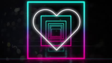 animación del icono del corazón de neón sobre el túnel en cuadrados de neón sobre fondo negro