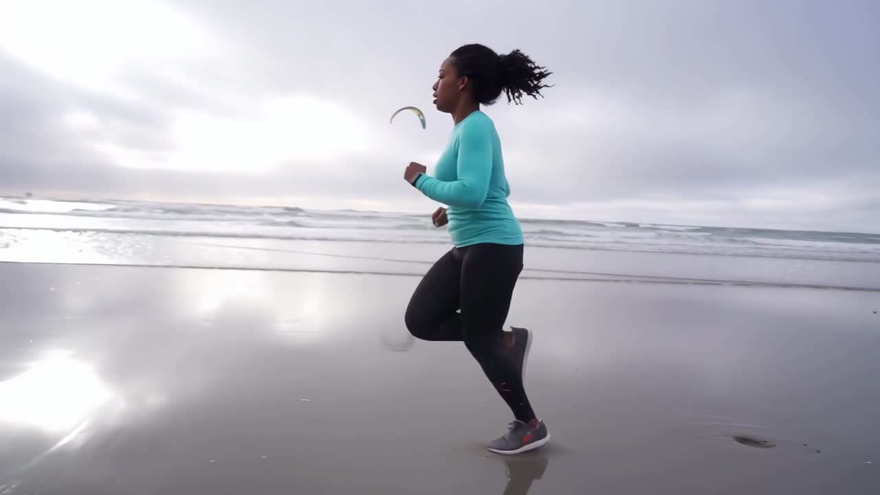 Video da angolazione laterale di una donna che fa jogging su una spiaggia, che cattura il movimento e le serene vedute sull'oceano