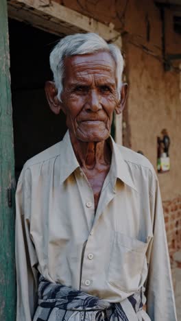 elderly man with white hair and a weathered face poses for a series of portraits in front of a simple dwelling, his gaze steady and reflective