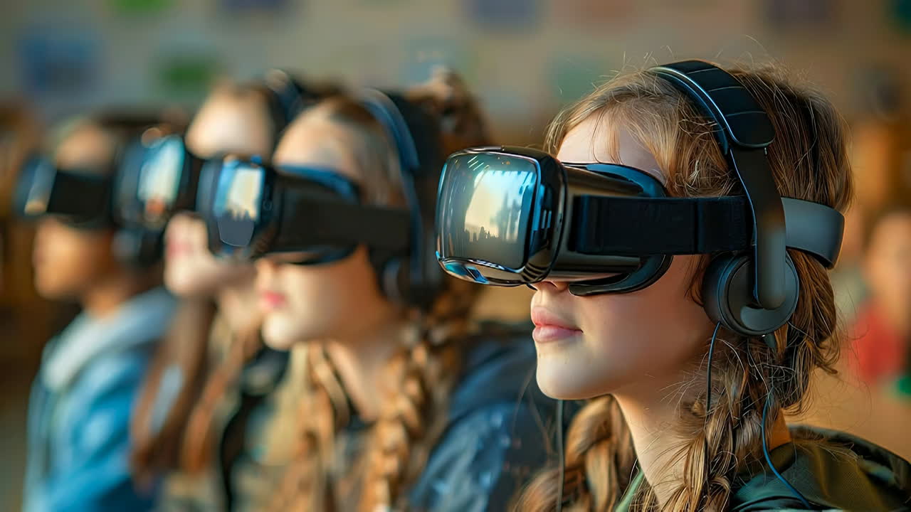 Дети в VR-гарнитурах. Дети сидят в ряд в гарнитурах виртуальной реальности. Они сосредоточены на происходящем.