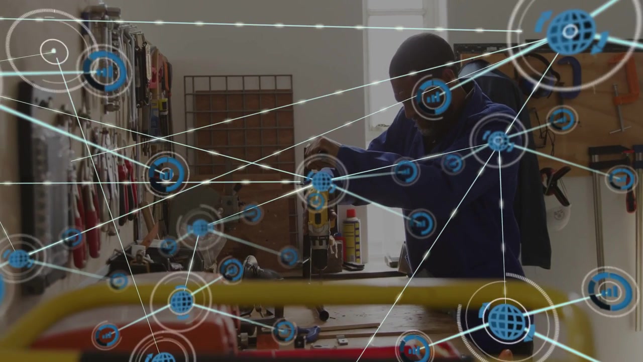 Workshop man reaching clamped part and starting drill, assembling bracket while HUD nodes expanding