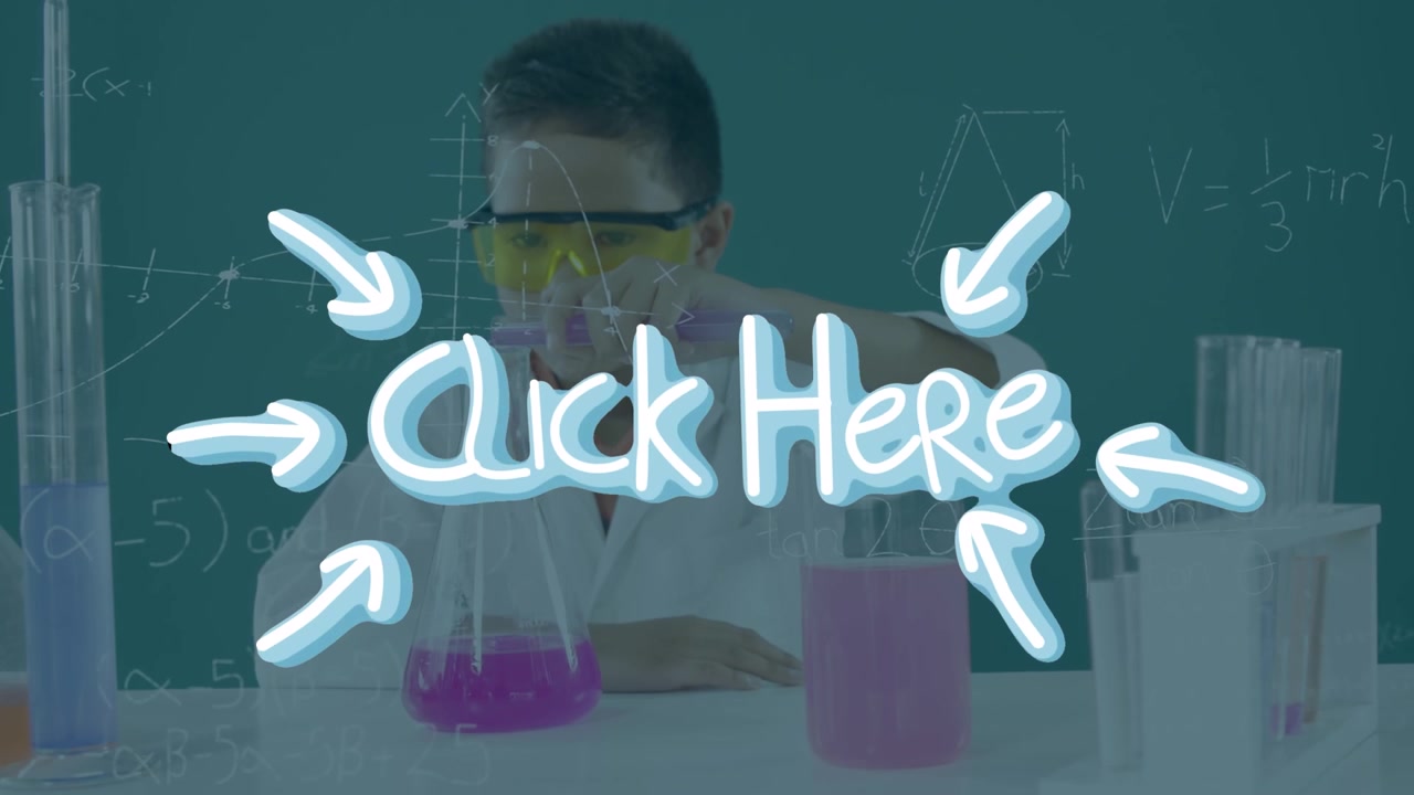 Animation of click here over caucasian boy in laboratory