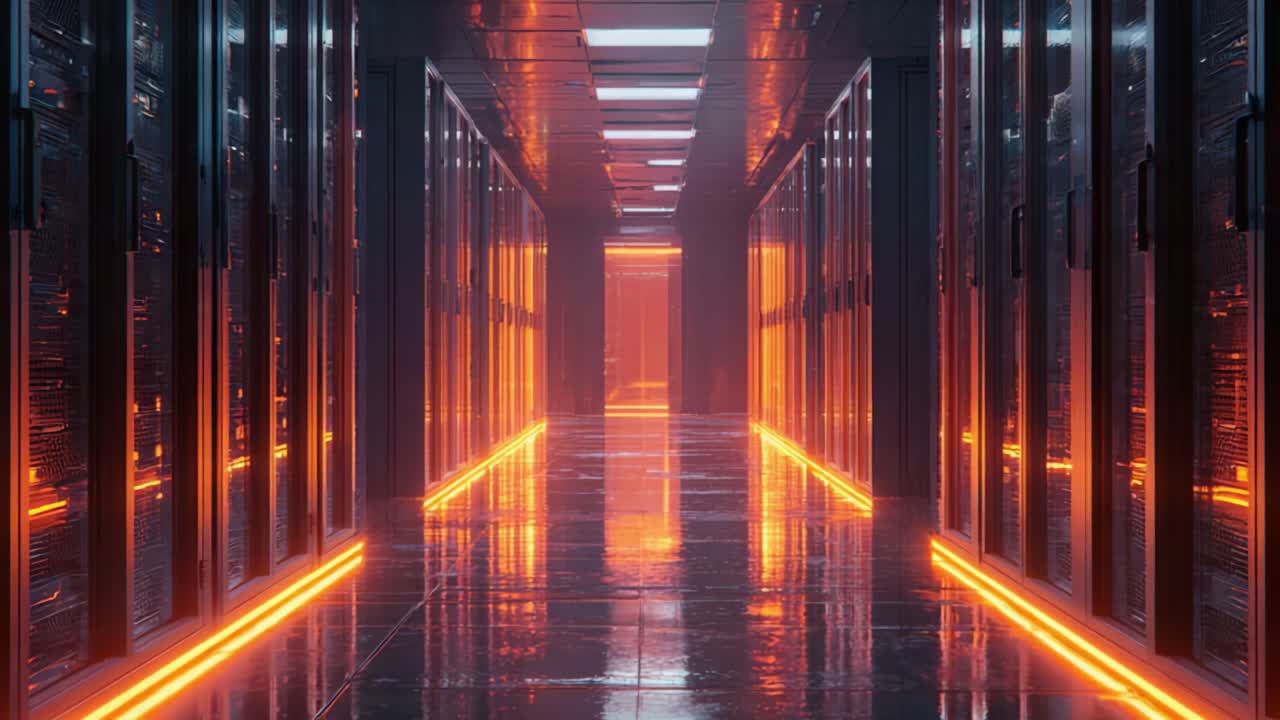 Udforskning af det futuristiske datacenter: En lysende gang med højteknologiske serverracks oplyst af neonorange lys og reflekterende gulve i et moderne digitalt miljø
