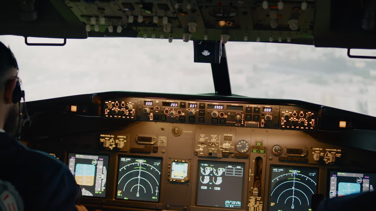 Airplane pilot flying aircraft fixing altitude and longitude level