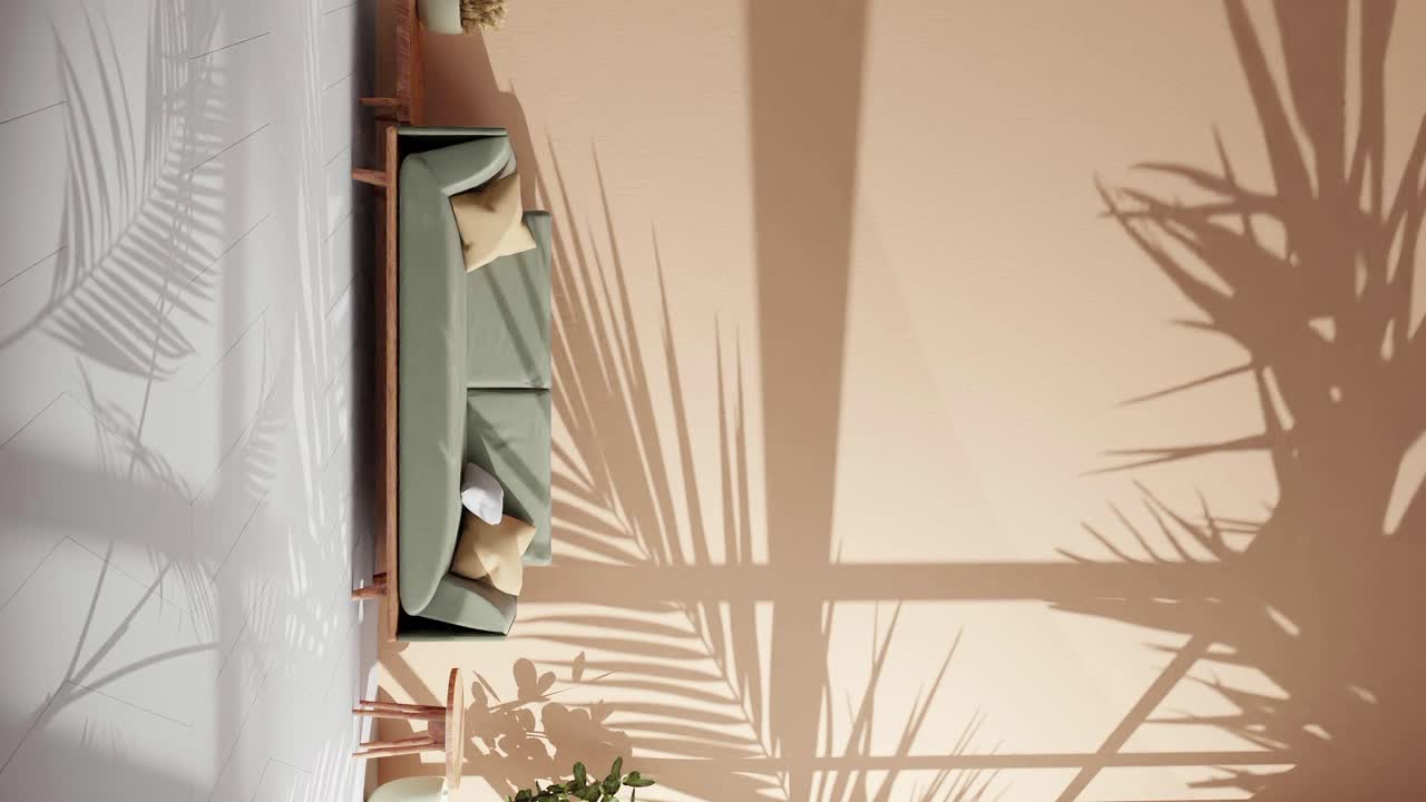 vertical of Modern apartment living room shadows of plant moving on sand brown wall by gently summer wind breeze rendering animation Architecture interior design concept