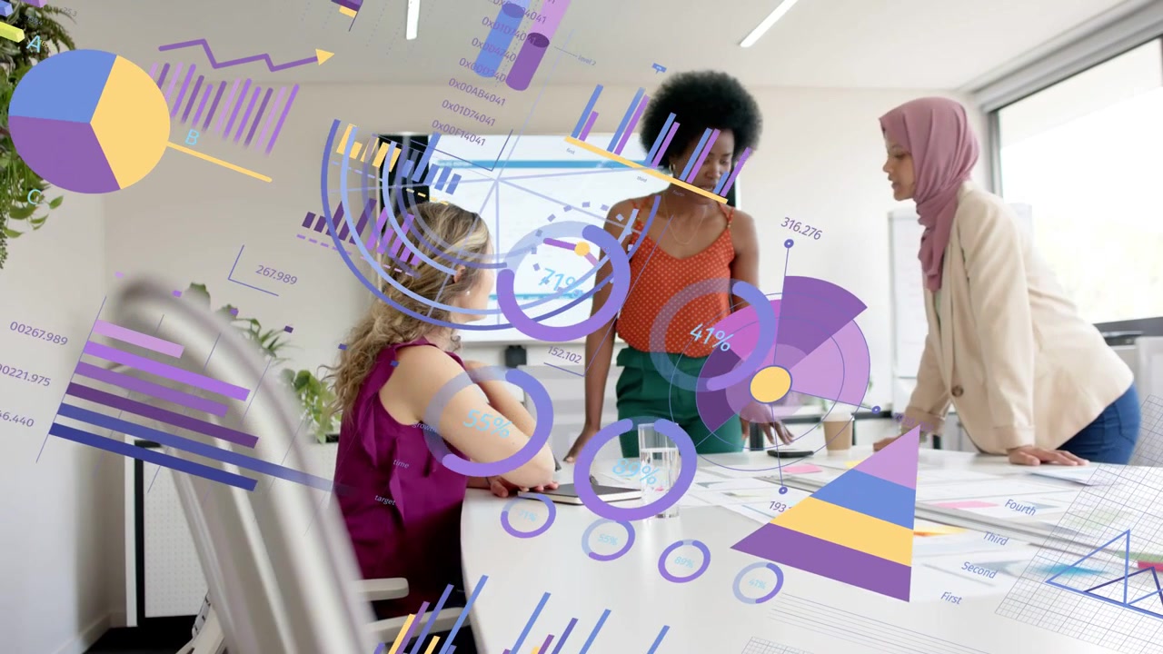 Three women at table, right peer tapping charts and activating AR charts showing business KPIs