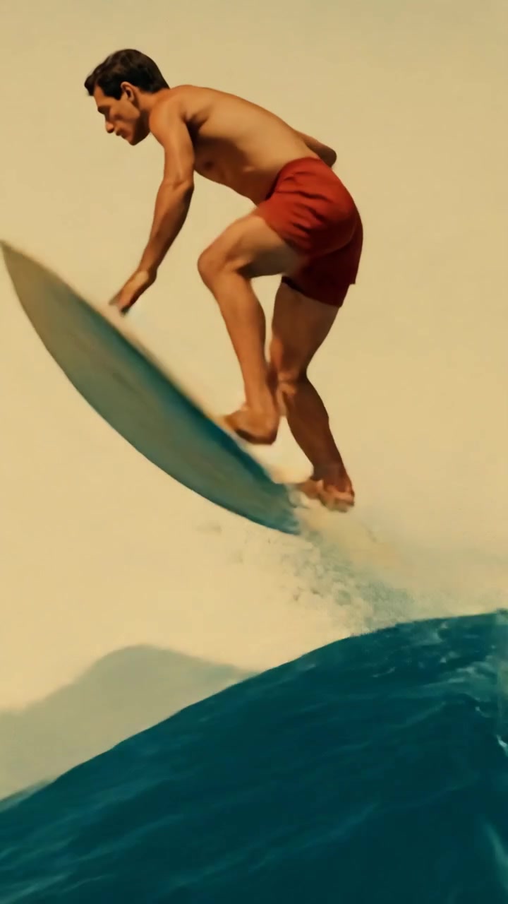 Illustrazione vintage animata di un surfista che cavalca un'onda