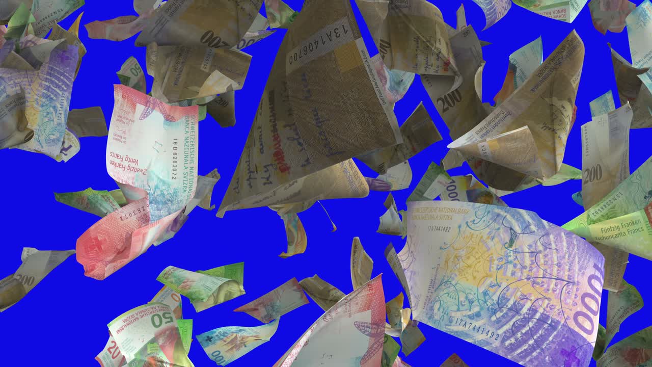 파란색 크로마 키에 떨어지는 스위스 프랑 지폐 4k 루프