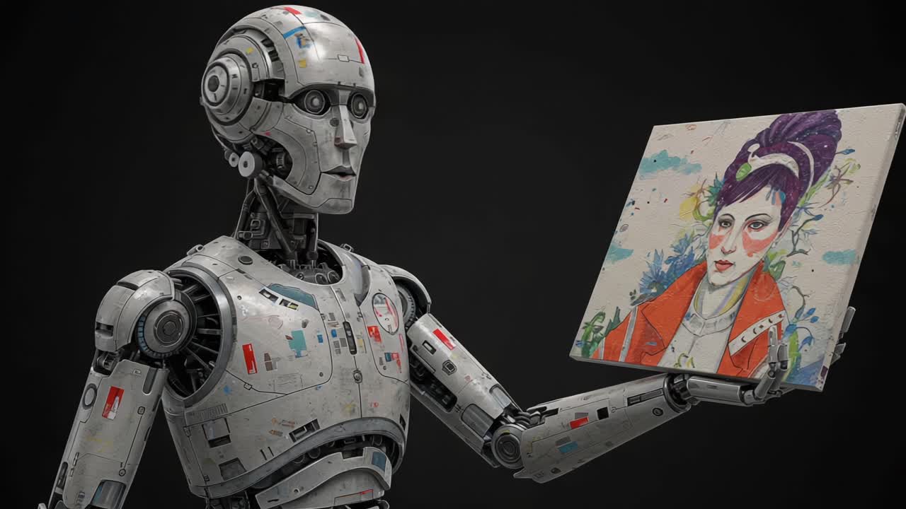 A humanoid robot showcasing an artistic canvas, featuring a colorful portrait of a woman, blending advanced technology with creative expression