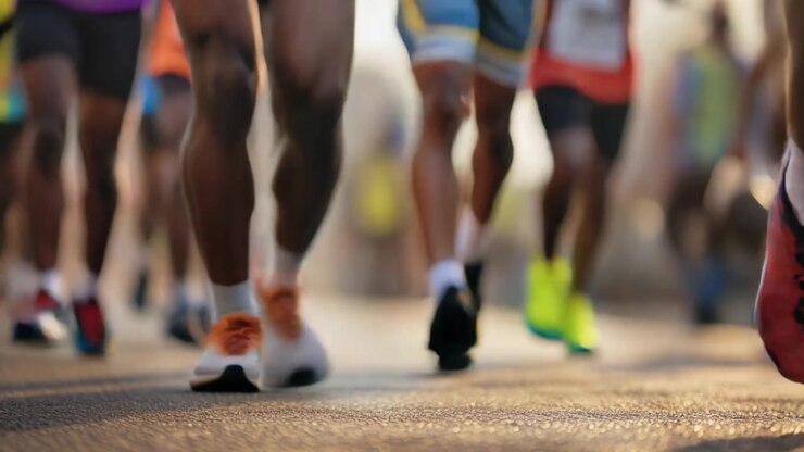 Ripresa dal basso delle gambe e dei piedi dei corridori in movimento durante una gara