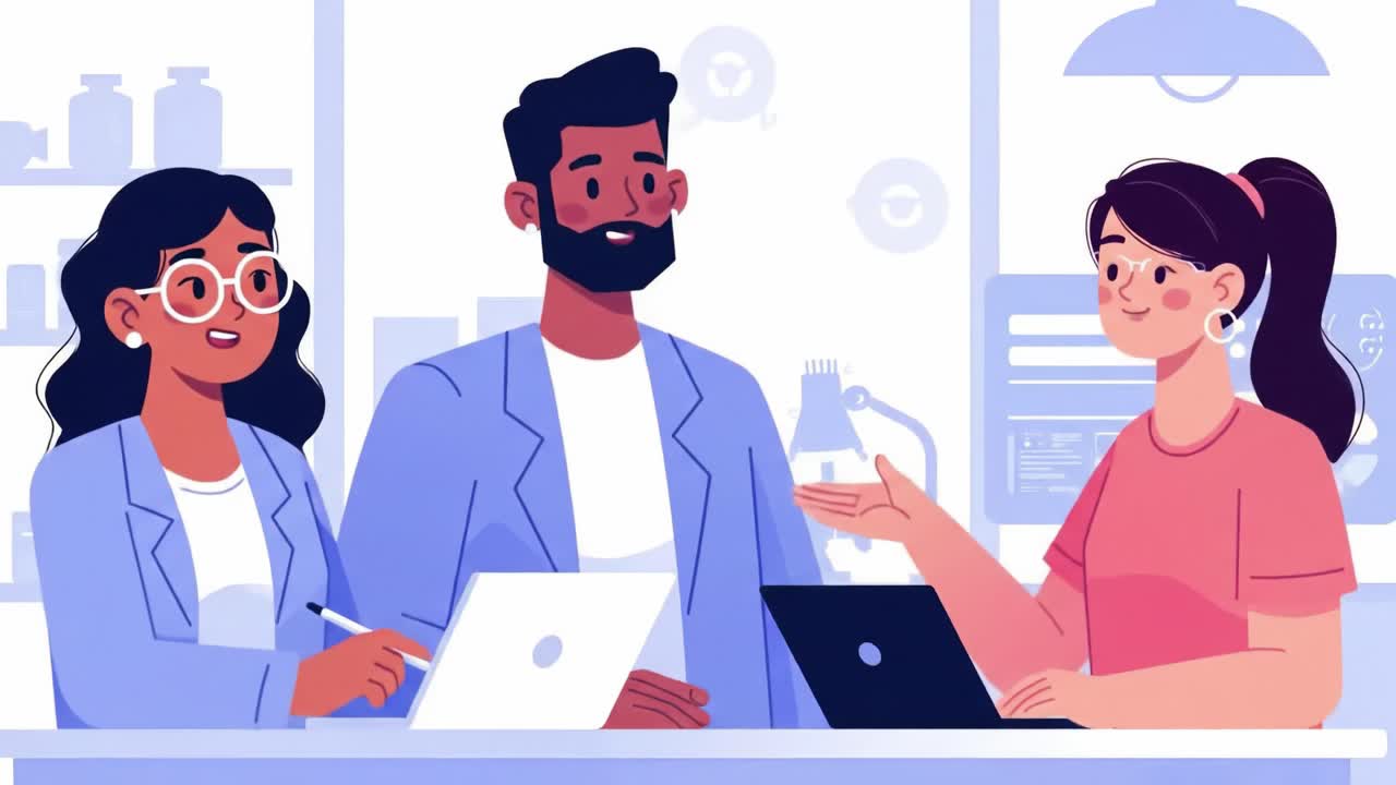 Three professionals engage in a discussion about project strategies in a bright and modern workspace. Laptops and digital tools surround them, enhancing their collaborative efforts.