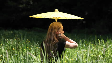 a woman with an umbrella sits in a field