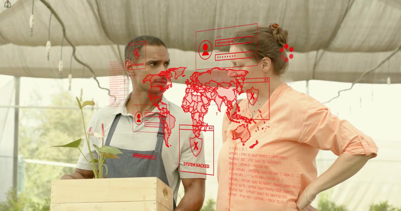 Compañeros de trabajo llevando una caja y tocando una superposición de mapa rojo con holograma que falla durante una revisión de invernadero.