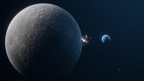 3D-Animation,-Die-Das-Apollo-Mondmodul-Zeigt,-Das-Am-Mond-Vorbeifliegt,-Mit-Der-Erde-Im-Hintergrund