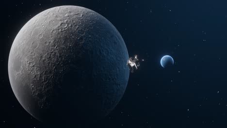 3d animation showing the apollo lunar module flying by the moon with earth in the background