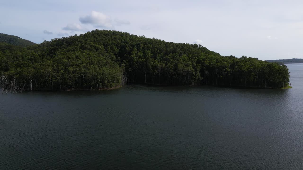 Aerial views of Advancetown Lake near the Western Boat Ramp on the Gold Coast Hinterland.