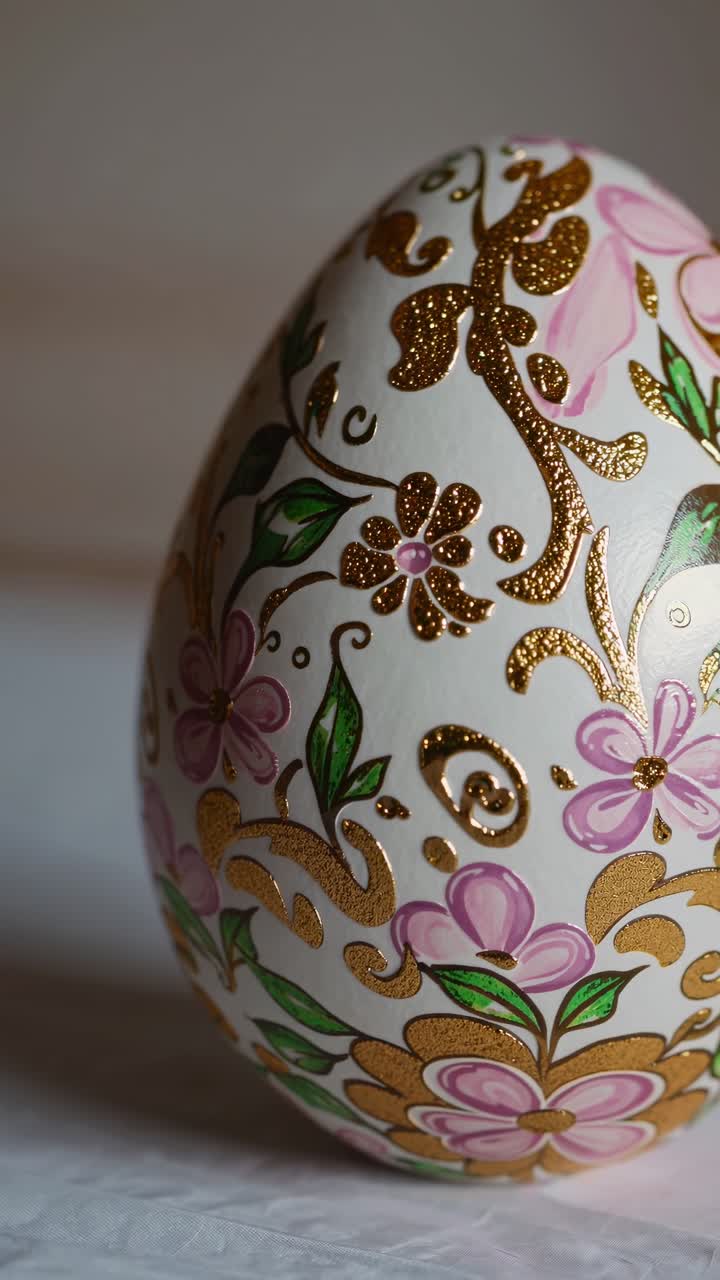 Decorative easter egg with gold and pink flowers and green leaves painted with care, standing on a white surface, perfect for celebrating easter festivities and spring