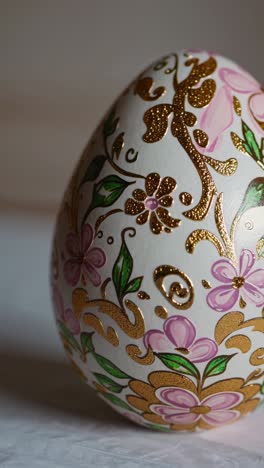 decorative easter egg with gold and pink flowers and green leaves painted with care, standing on a white surface, perfect for celebrating easter festivities and spring