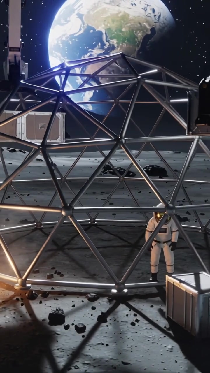 Video verticale: Attrezzo che scintilla, equipaggio in tuta bianca che salda una cupola per l'assemblaggio sulla luna, braccio che posiziona una scatola