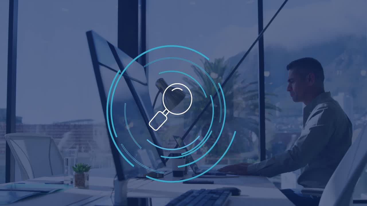 animación de icono de vidrio de lectura sobre empresario caucásico usando portátil en la oficina