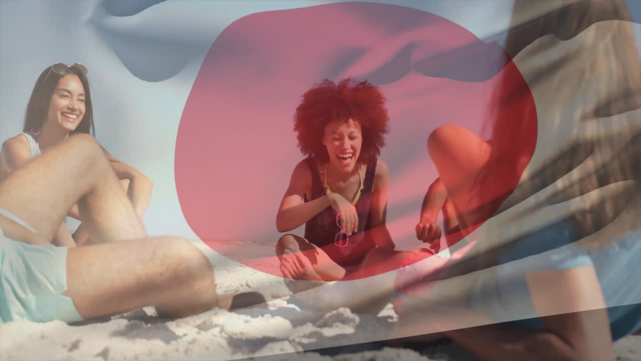 People relaxing and laughing on sunny beach with colorful overlay animation