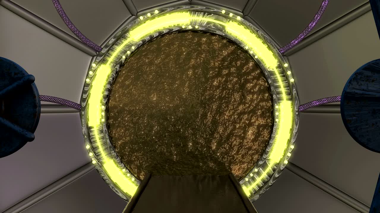 iron rusty hatch는 우주선 풍경 장면에 대한 파노라마 뷰를 열고, 포털과 함께 공상 과학 복도의 3d 추상적인 배경, 기술 제목과 배경에 대한 미래 기술 추상적 vj.